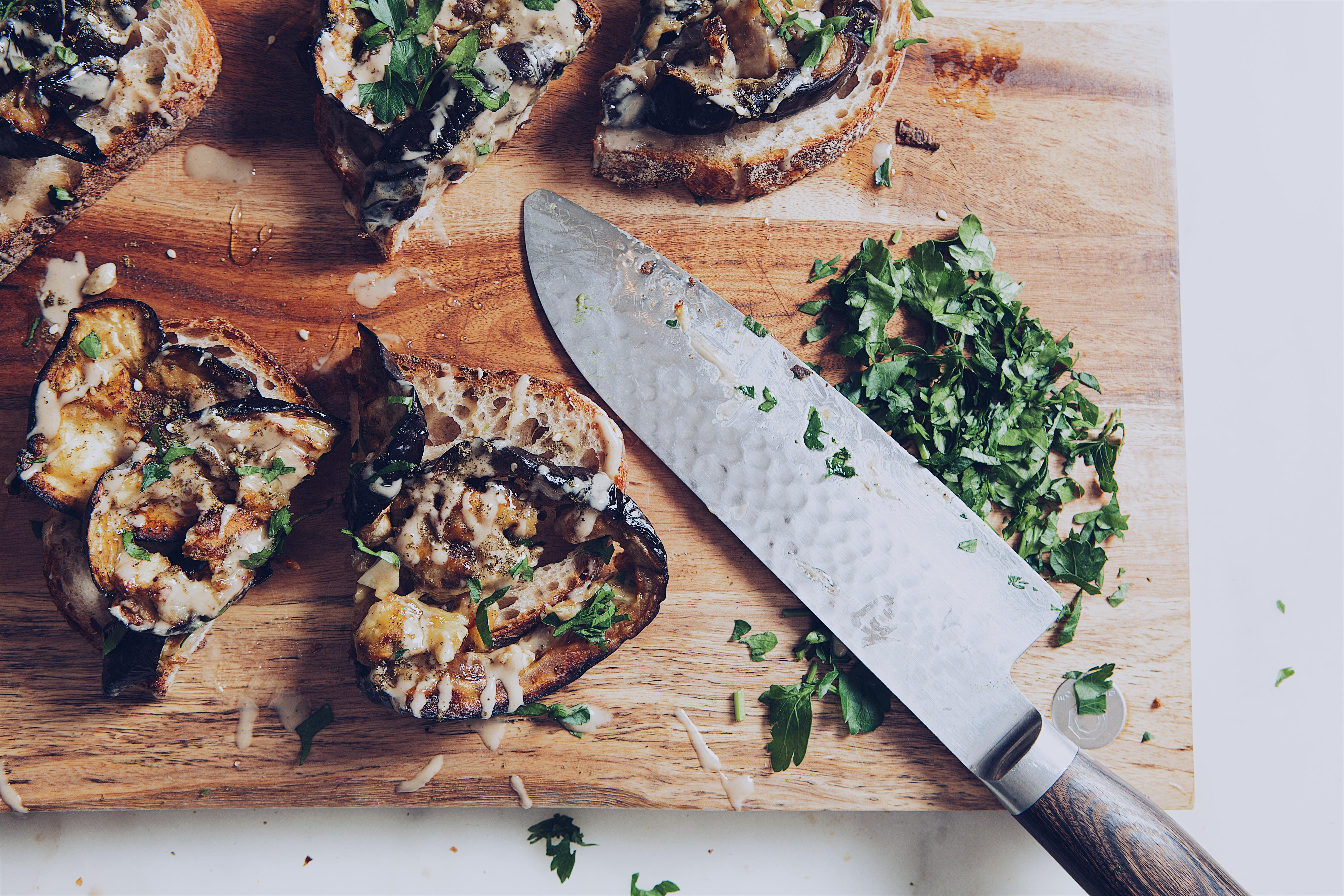 CHARRED EGGPLANT TOAST WITH TAHINI AND HONEY Bonberi
